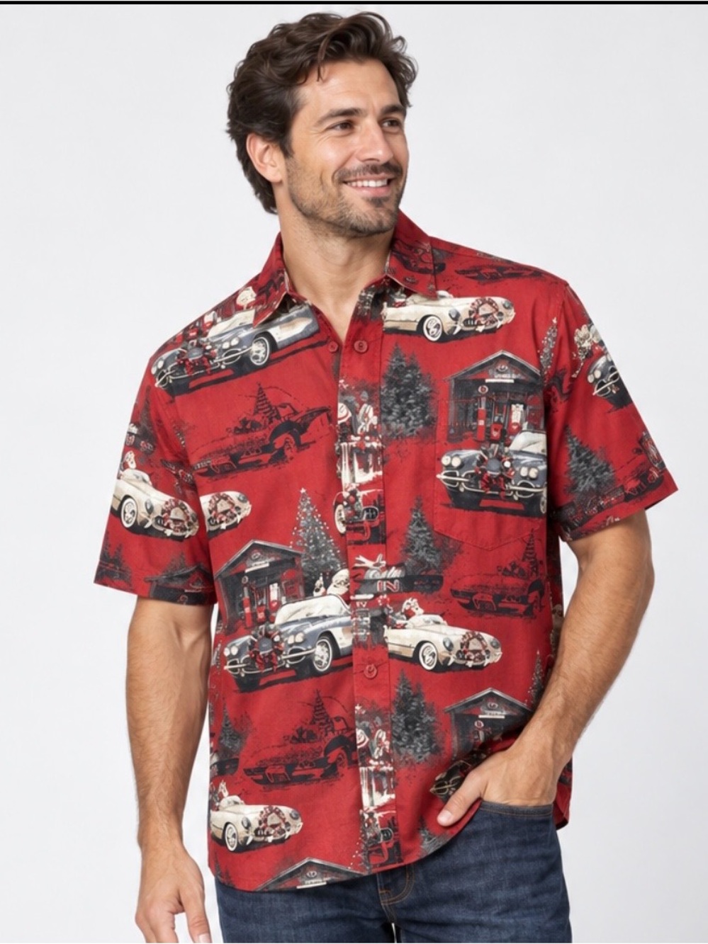 Clearwater Outfitters Men’s L Red Christmas Classic Cars Santa Button-Up Shirt